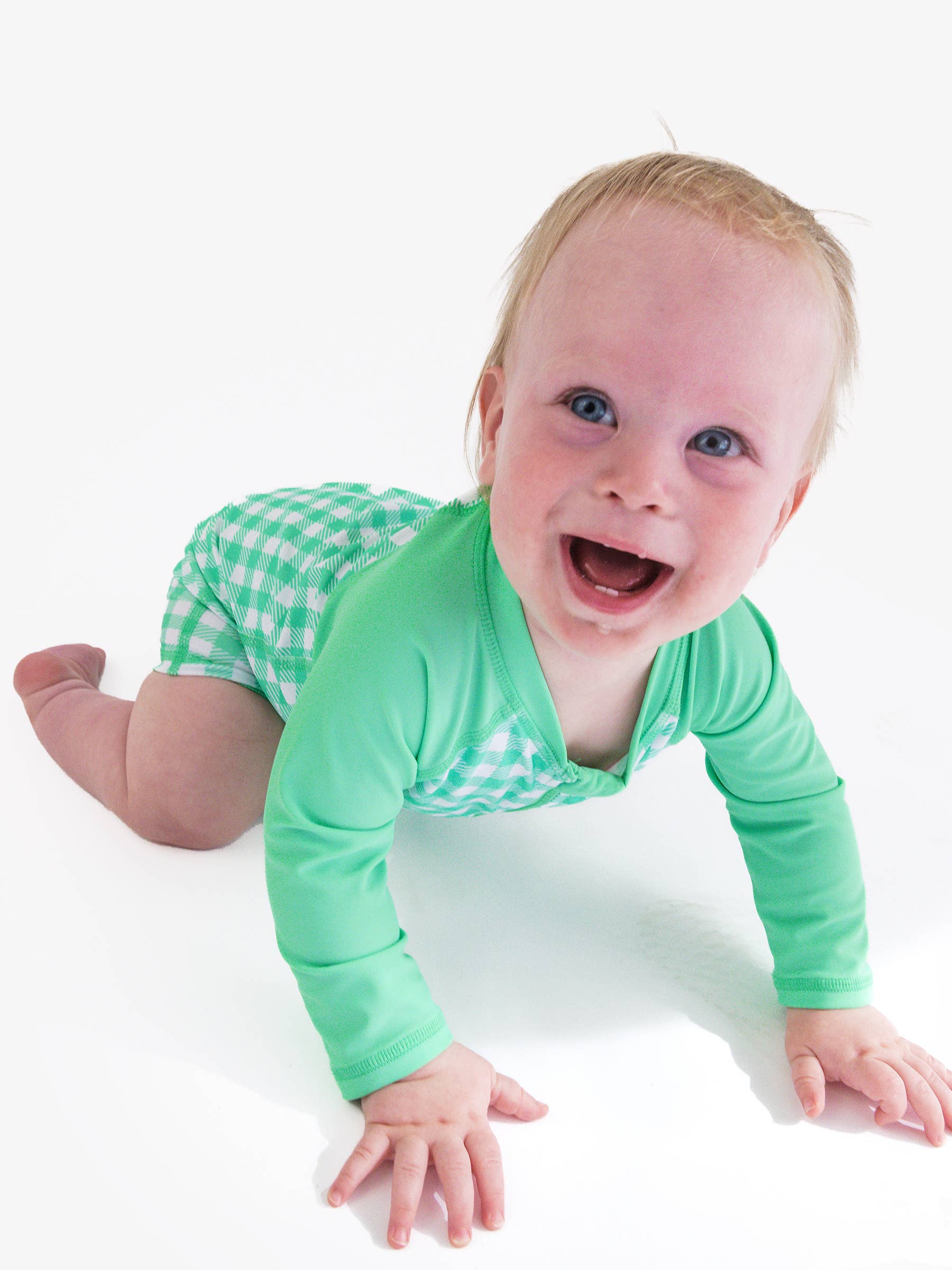 Baby Boys Spring Green Gingham Long Sleeve One Piece Rash Guard Swimsuit